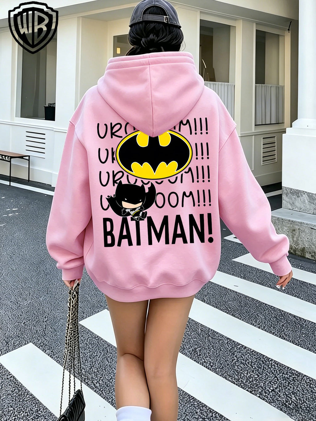 Everyday Casual Zip-Up Hooded Cardigan Jacket, Officially Licensed Warner Bros. DC Batman with Classic Bat Logo, Paired with Vintage "BOOM" Onomatopoeic Fun Lettering Font, Featuring Multiple Dark Hero-Style Prints on the Garment, a Simple and Cool - Pink