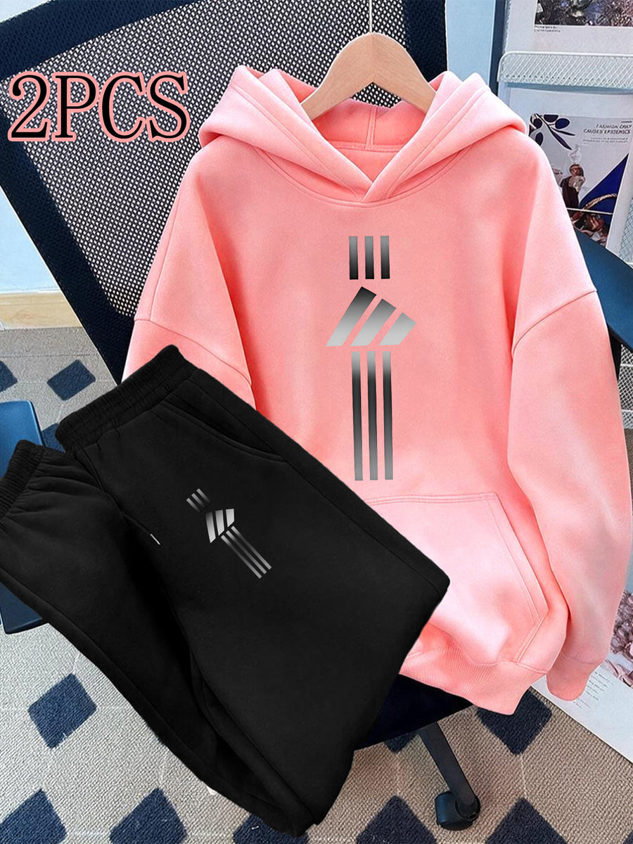 2pcs Value Pack: Stylish and Elegant Y2K Style Sportswear for Women, Suitable for Spring, Autumn, and Winter. Hooded -Lined Sweatshirt + -Lined Long Pants Set. 2pcs Outfit for Indoor and Outdoor Wear. Geometric Print Hooded Top and Long Pants Set. - Blush+Black