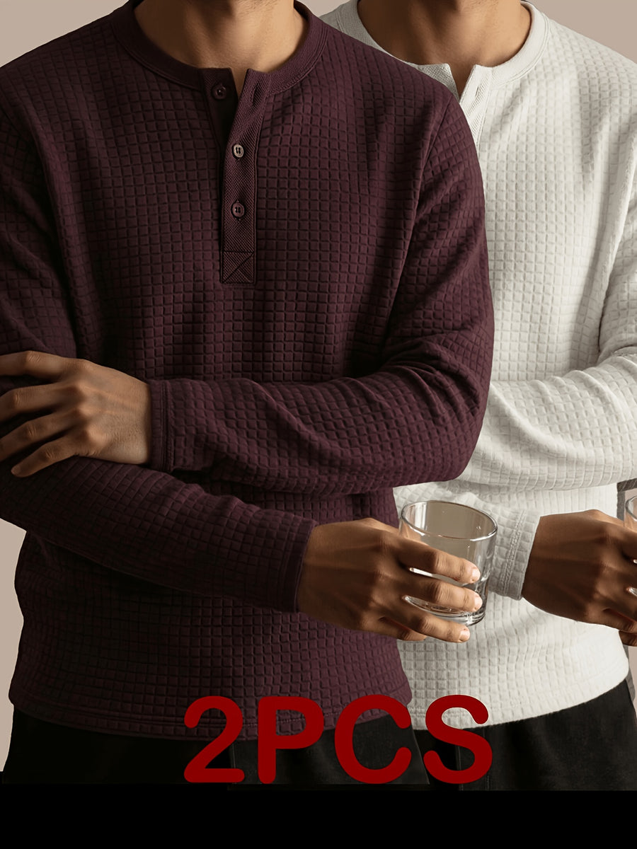 Men's Autumn Two-pc Waffle Knit Henley Long-Sleeve Sweater, Soft Three-Dimensional Checkered Textured Fabric, Three-Button Placket for Adjustable Collar, Simple Casual Commuter Style, Can Be Worn Alone or as a Layering Piece, Suitable for Daily - Wine Red, White