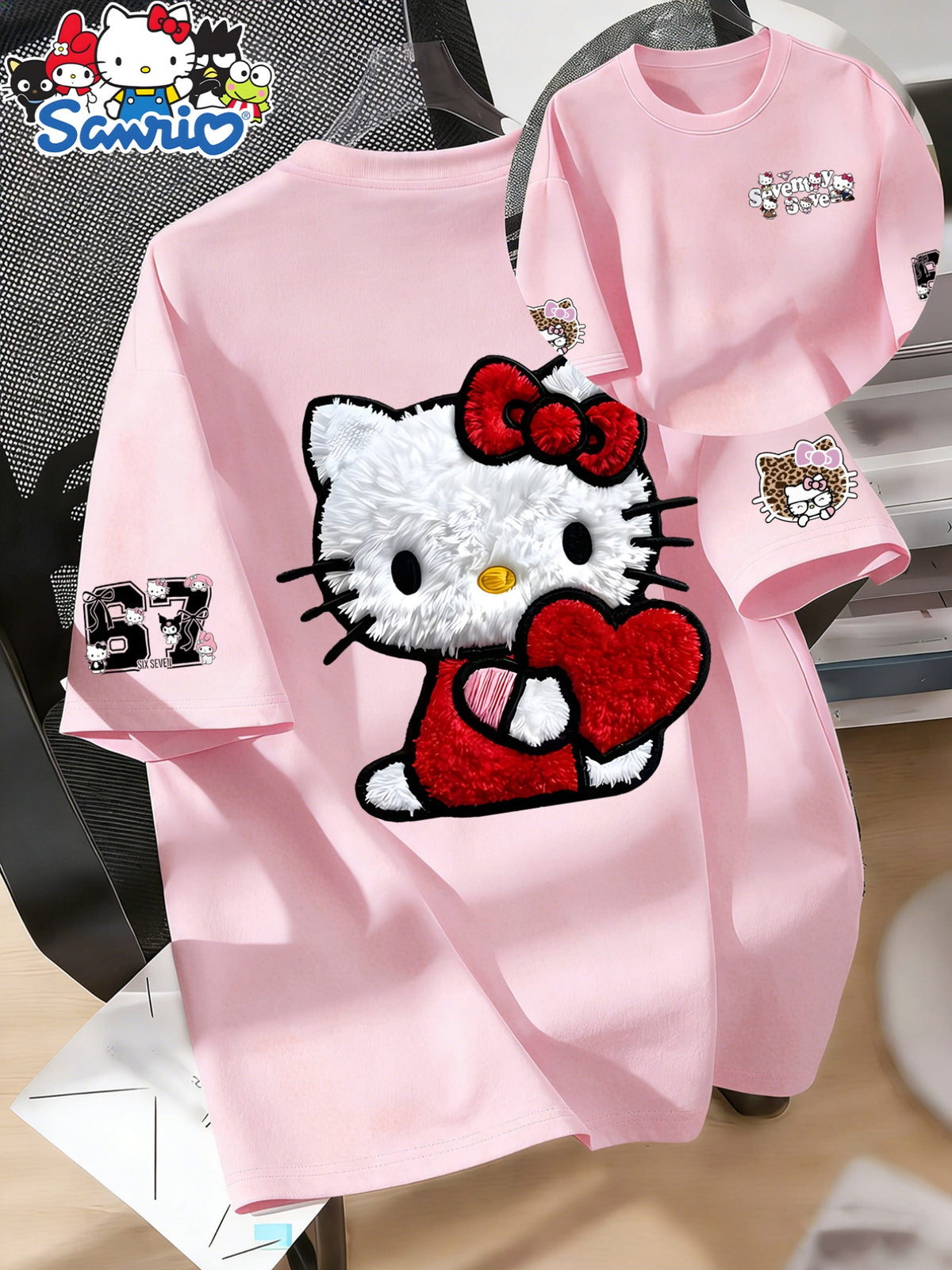 Women'S Round Neck 100% Short Sleeve T-Shirt, Hello Kitty Classic Red Bow Heart Pattern Cartoon Print Design, Casual Comfortable Everyday Versatile Short Sleeve Tee, Women'S Fashion Trendy Spring Summer Fall Casual Short Sleeve Top, Home Party Wear - pink color