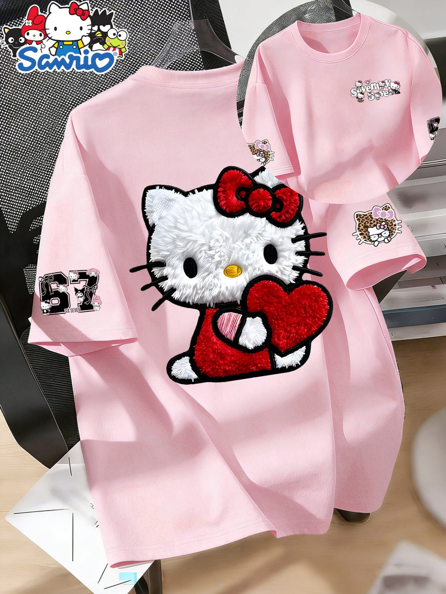 Women'S Round Neck 100% Short Sleeve T-Shirt, Hello Kitty Classic Red Bow Heart Pattern Cartoon Print Design, Casual Comfortable Everyday Versatile Short Sleeve Tee, Women'S Fashion Trendy Spring Summer Fall Casual Short Sleeve Top, Home Party Wear - pink color