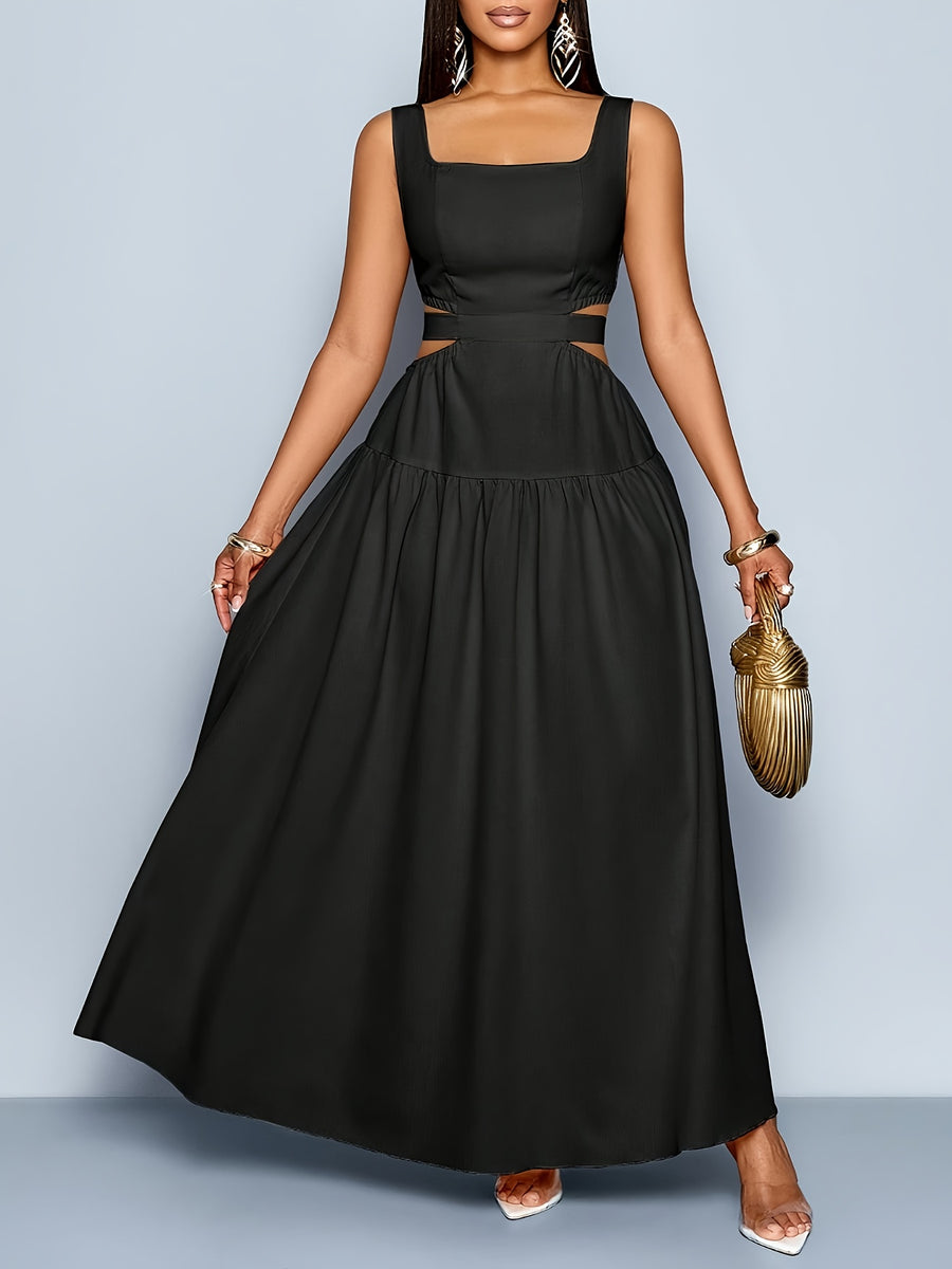 Women'S Elegant Square Neckline, Openwork Waist, Tie And Suspender Dress; Hawaiian Pleated Backless A-Line Skirt; Women'S Spring/Summer Dress; Elegant for Commuting, Casual Wear, Romantic Dates, Bridesmaid Dress - Black