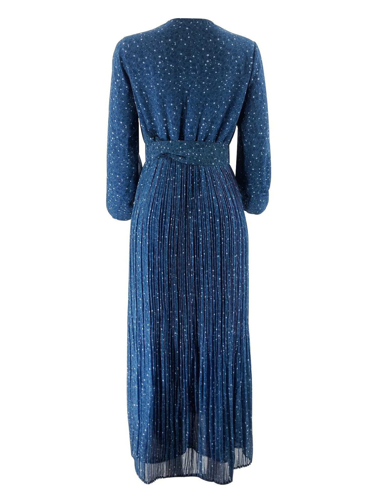 Women's Middle Eastern Muslim Chiffon Floral Print Long Dress - Deep Blue