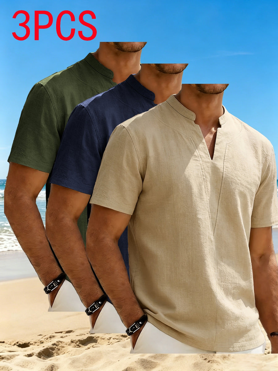 3-pc Men'S Minimalist Summer Casual Shirts, Linen-Feel Short Sleeve Stand Collar V-Neck Pullovers. Soft, Breathable & Loose Comfy Fit, Perfect for Business Casual, Holiday Trips, Weekend Parties And Daily Occasions - Army Green + Navy Blue + Khaki