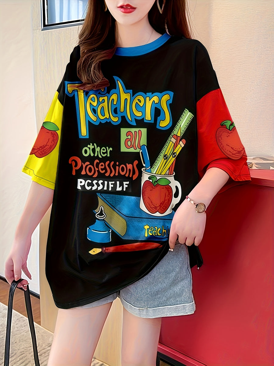 Women's Plus Size Cartoon Graphic T-Shirt - "Teachers Make a Big Impact" Design, Relaxed Fit Longline Top with Medium Stretch Fabric, Machine Washable Casual Tee for Spring Summer Fall, Casual Wear | Educational Motif | Nontransparent Material, Cute T - Black