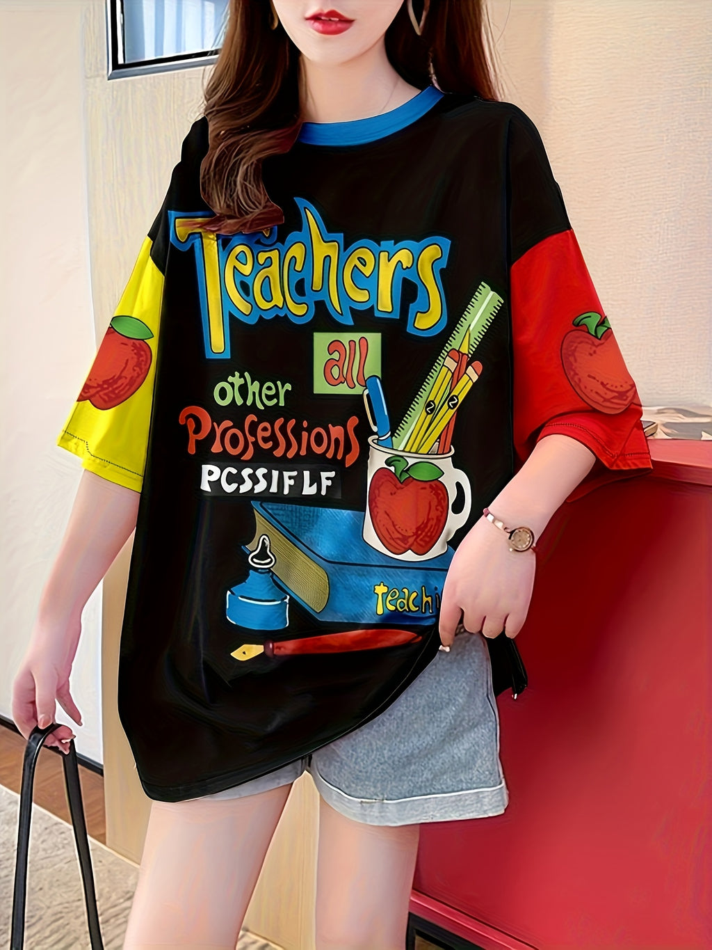 Women's Plus Size Cartoon Graphic T-Shirt - "Teachers Make a Big Impact" Design, Relaxed Fit Longline Top with Medium Stretch Fabric, Machine Washable Casual Tee for Spring Summer Fall, Casual Wear | Educational Motif | Nontransparent Material, Cute T - Black