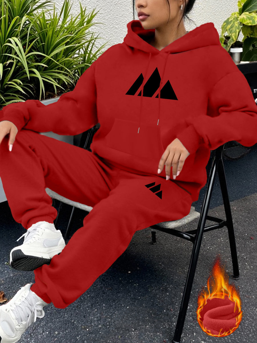 Geometric Print Women's -Lined Hooded Sweatshirt + Jogger Set, Machine Washable Pullover for Autumn/Winter, Soft Fabric, Versatile Daily Wear, -Lined Design, 100% Polyester, Ideal for Outdoor Sports, Durable and Comfortable Material, Warm and Stylish - Bright Red