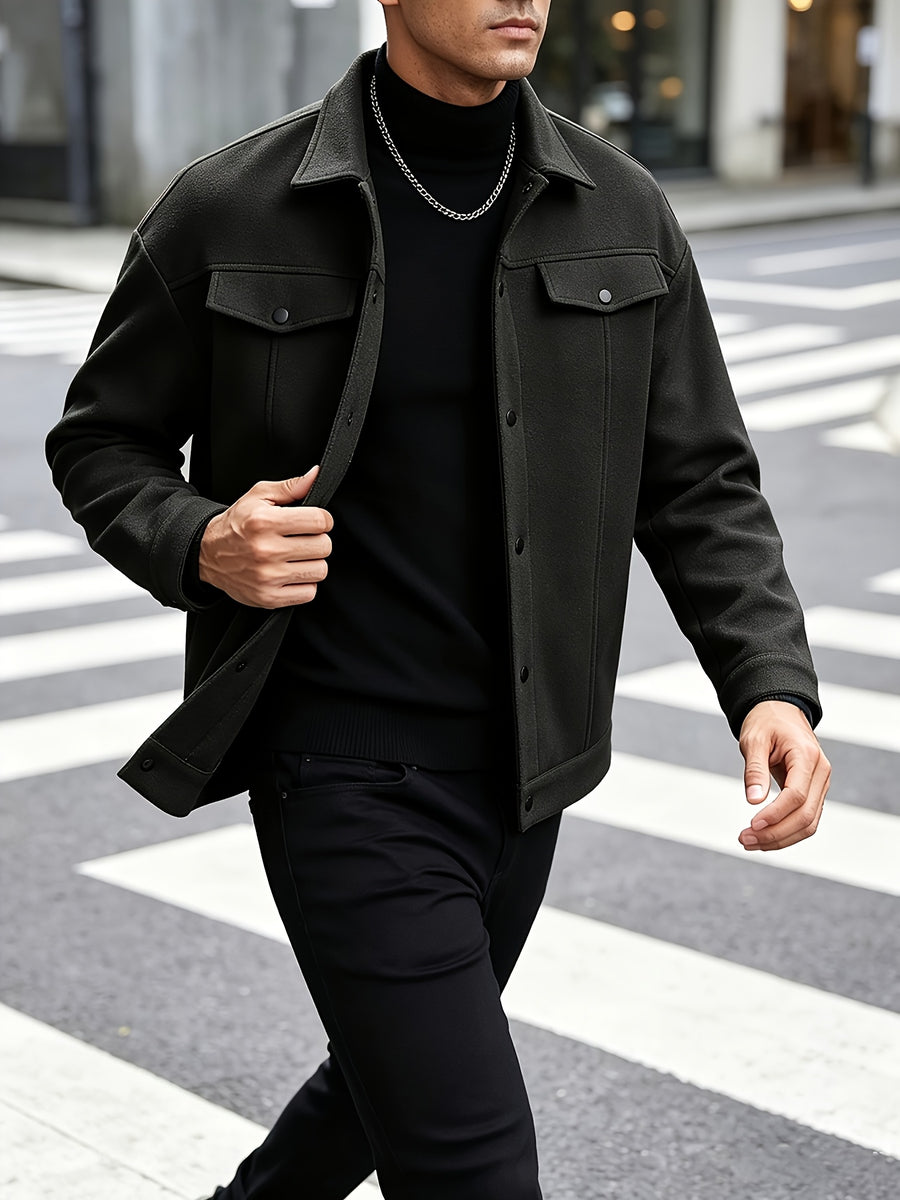 Autumn Winter Men'S Short Jacket Loose Lapel Cargo Coat Youth Solid Color All-Match Casual Top - Black