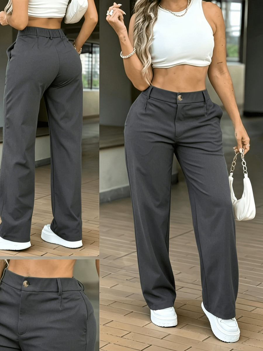 HMY Western Style High-Waist Button-Fly Wide-Leg Trousers, Drape Commute Casual Straight Suit Pants And - Dark Gray