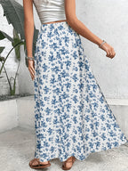 Women'S Blue White Floral Print Midi Skirt, High-Waist Elastic Waist A-Line Flared Long Skirt - Sky Blue