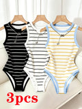 3pcs Women's Solid Color Round Neck Casual Basic Bodysuit, Striped Bodycon Top for Summer, Seksi Chic, Carnival, Date, Beach Outing, Birthday, Outdoor Travel, Vacation, Spring - Black+white+blue
