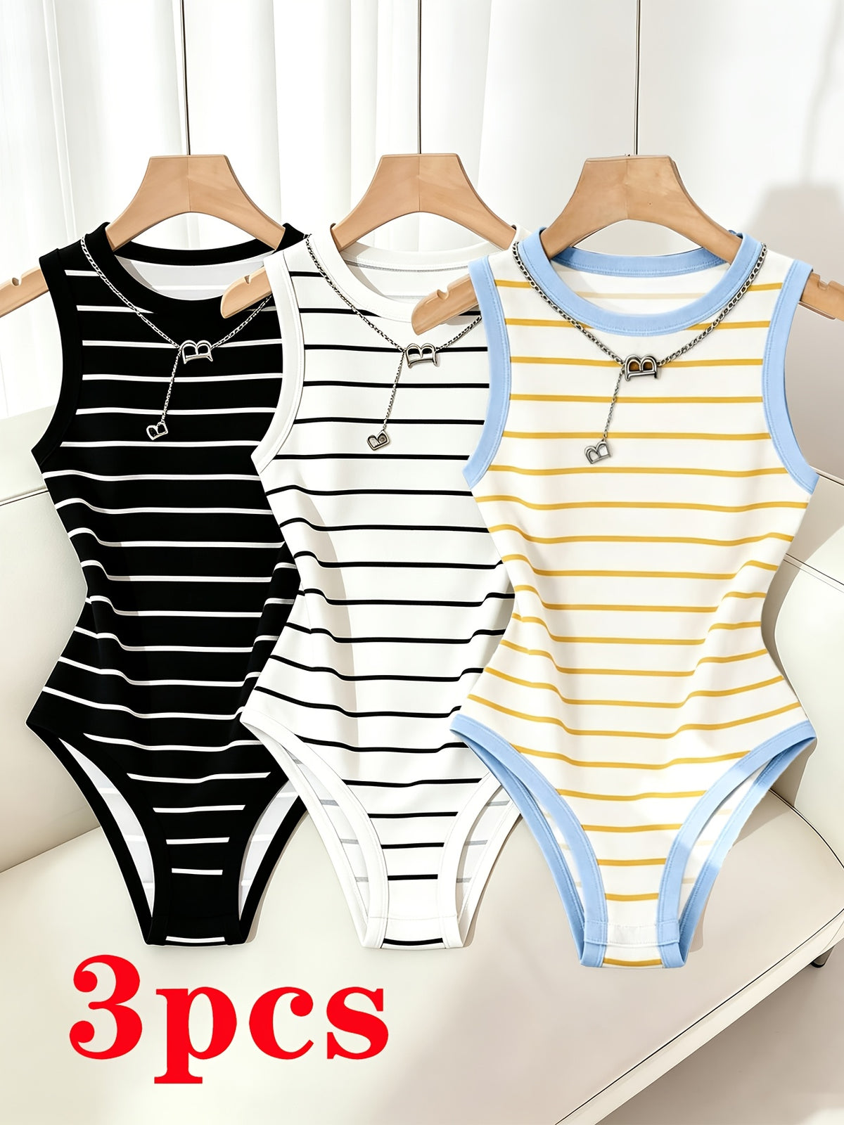3pcs Women's Solid Color Round Neck Casual Basic Bodysuit, Striped Bodycon Top for Summer, Seksi Chic, Carnival, Date, Beach Outing, Birthday, Outdoor Travel, Vacation, Spring - Black+white+blue