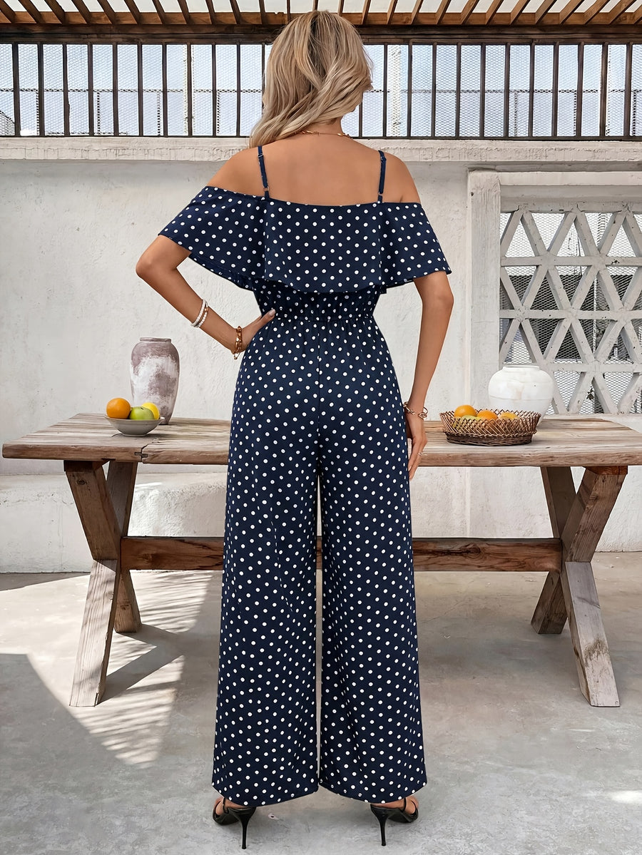 Women'S Polka Dot Ruffled Hem Waist-Cinching Loose Jumpsuit - Sea Blue