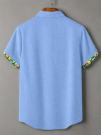100% Men'S Casual Short Sleeve Shirt, Pure Fabric with Print And Color Block Design for Summer, Beach Vacation Style Blouse, Fabric Is Sweat-Absorbent And Breathable, Great Gift for Boyfriend And Husband, Suitable for Outdoor Travel Or Vacation - Sky Blue