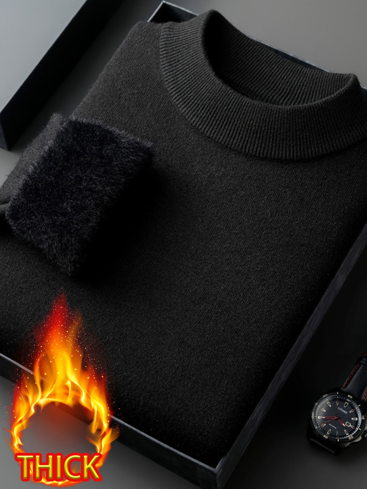 Men's Half-Turtleneck -Lined Thickened Warm Sweater, Featuring a Classic Half-turtleneck Design That Fits Snugly Around the Neck for Wind Protection and Warmth. Solid Color, Simple and Versatile, Suitable for Both Commuting and Daily Wear - Piano Black