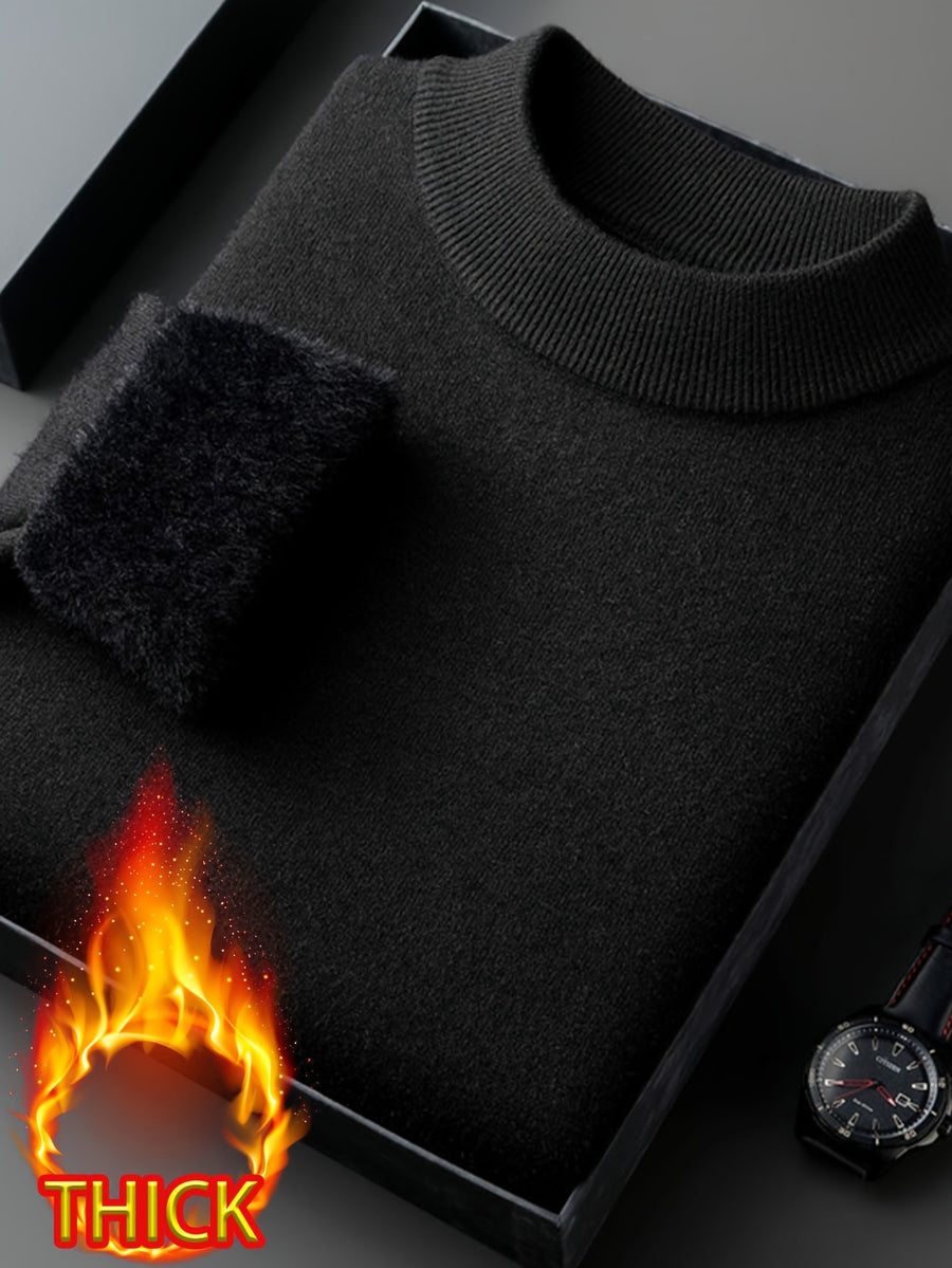 Men's Half-Turtleneck -Lined Thickened Warm Sweater, Featuring a Classic Half-turtleneck Design That Fits Snugly Around the Neck for Wind Protection and Warmth. Solid Color, Simple and Versatile, Suitable for Both Commuting and Daily Wear - Piano Black