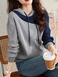 Spring/Autumn Women's Hooded Color-Block Patchwork Casual Commuter Diagonal Color-Block Waffle Texture Daily Commute Top - Light Grey