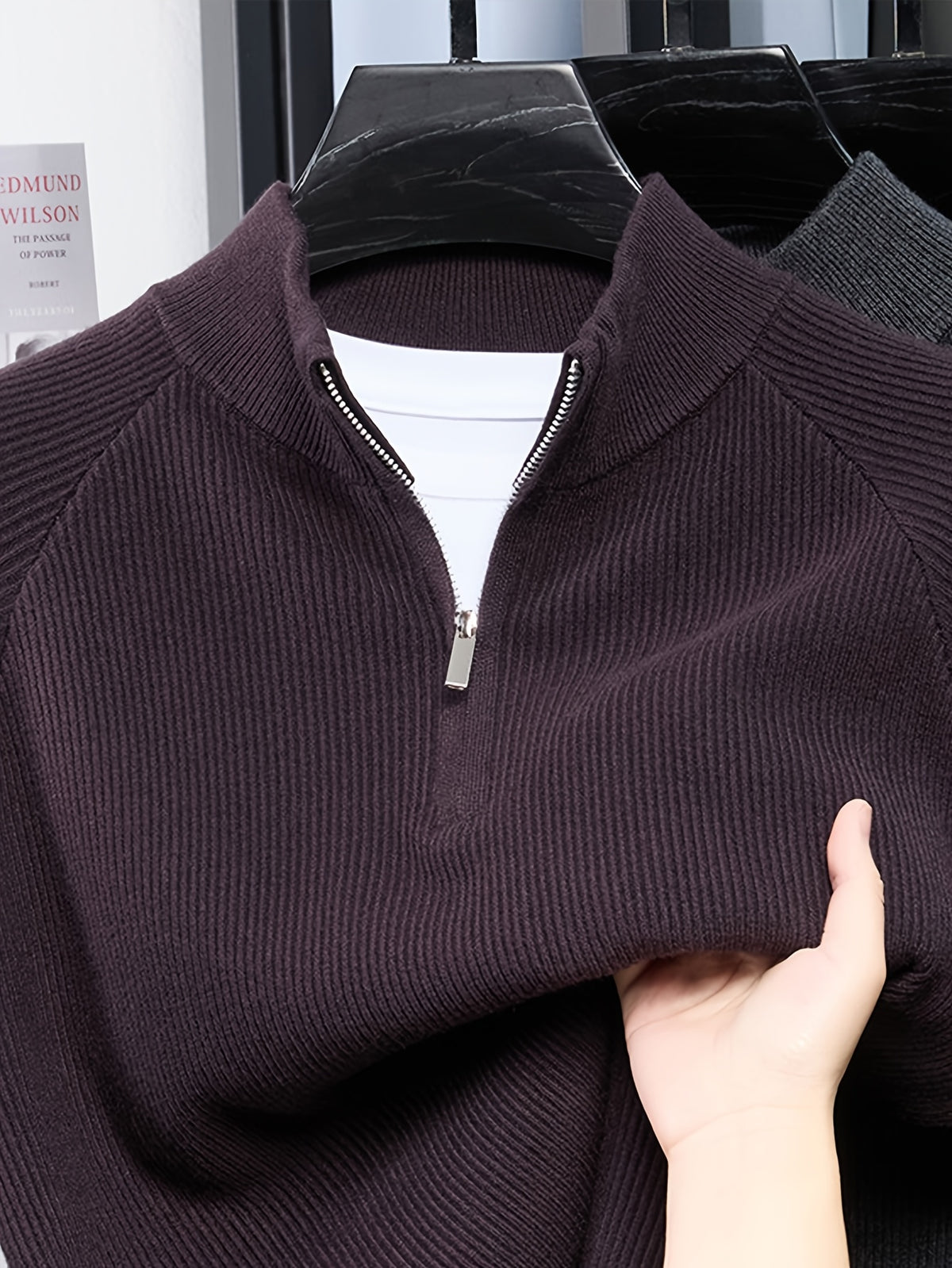 SINBOS Men's Half-Zip Stand Collar Sweater - Low-Saturation Earth Tones, Soft Ribbed Knit Zippered Cardigan, Stand Collar & Half-Zip Front Suitable for Business Casual & Minimalist Winter Wear, Autumn Winter Layering Piece - Purple