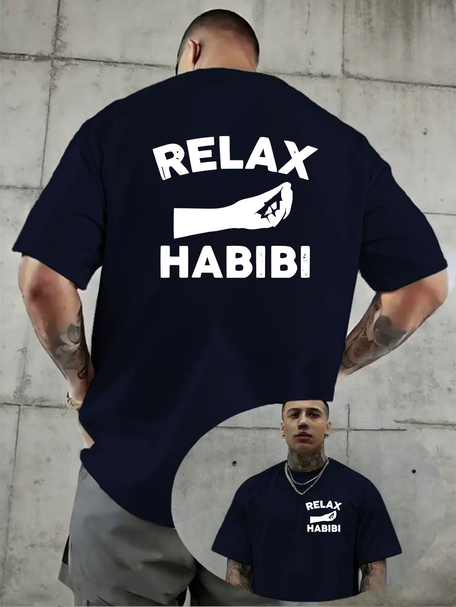 Creative Double-Sided Pattern Print, RELAX HABIBI Fun Slogan Print T-Shirt, Bold Statement, Easy, Summer Men'S Casual Short Sleeve T-Shirt Round Neck Top, Knit Fabric, Fresh And Comfortable - Navy Color