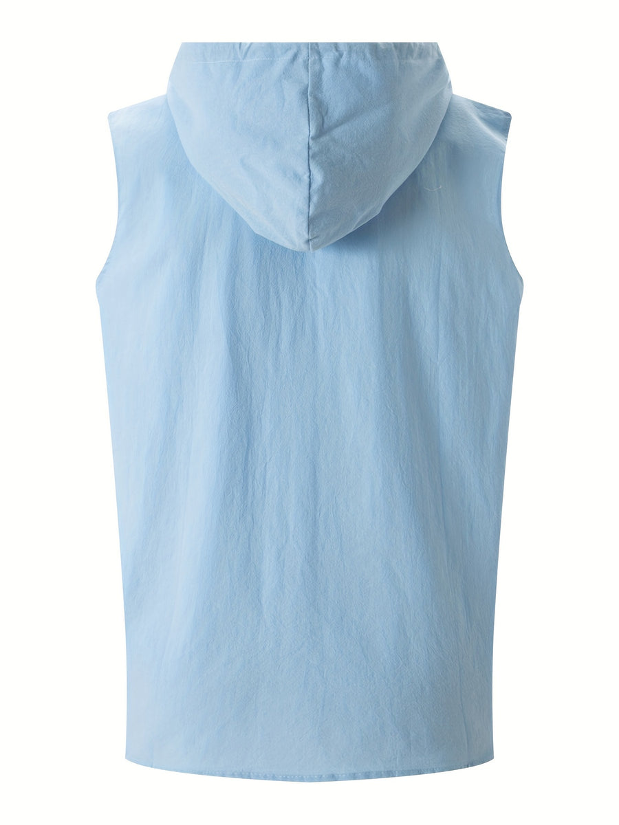 Men'S Solid Color Sleeveless Fashion Sports Hooded Top - Light Blue