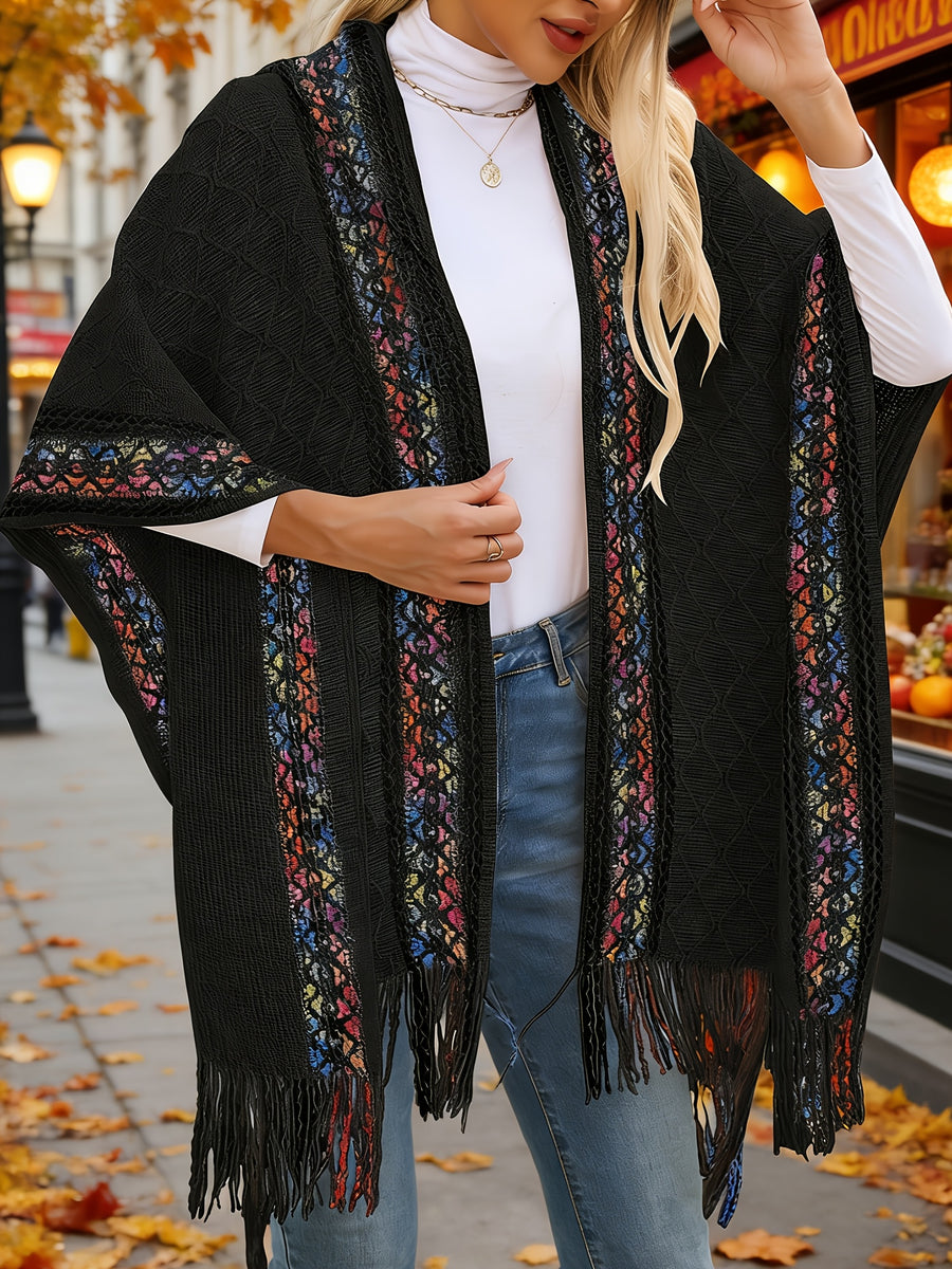 Elegant Special Edition 'Net Body Bust' Vacation Style 1pc Women's Diamond Jacquard Hooded Cape Cardigan, Vintage Ethnic Style Solid Color Tassel Fashionable Elegant European and American Style Warm Sweater Coat, Suitable for Spring, Autumn - Black