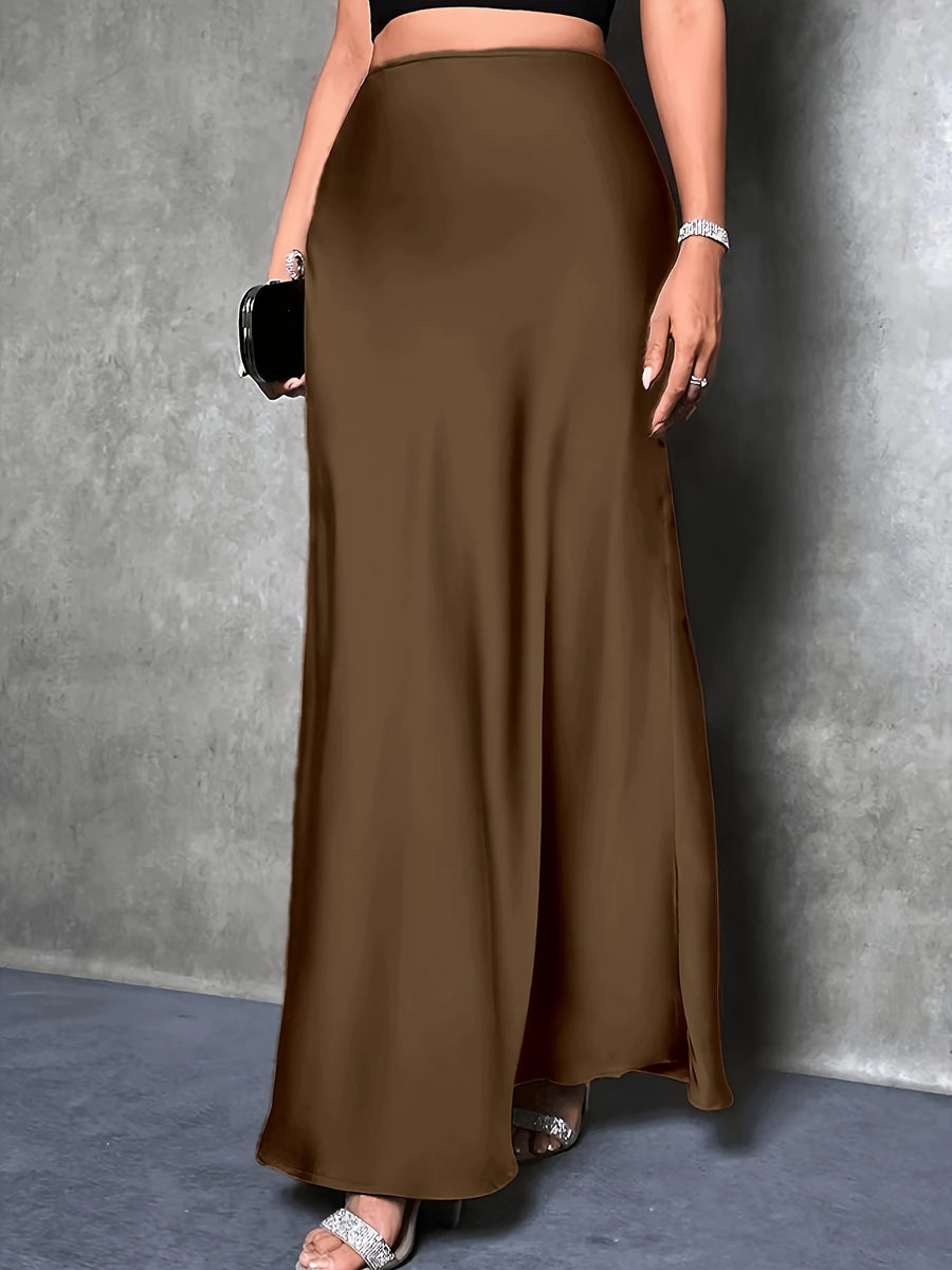Women's High-Waisted Solid Color Elegant Satin Skirt, Suitable for Date, Party, Gift, All Season - Coffee Brown