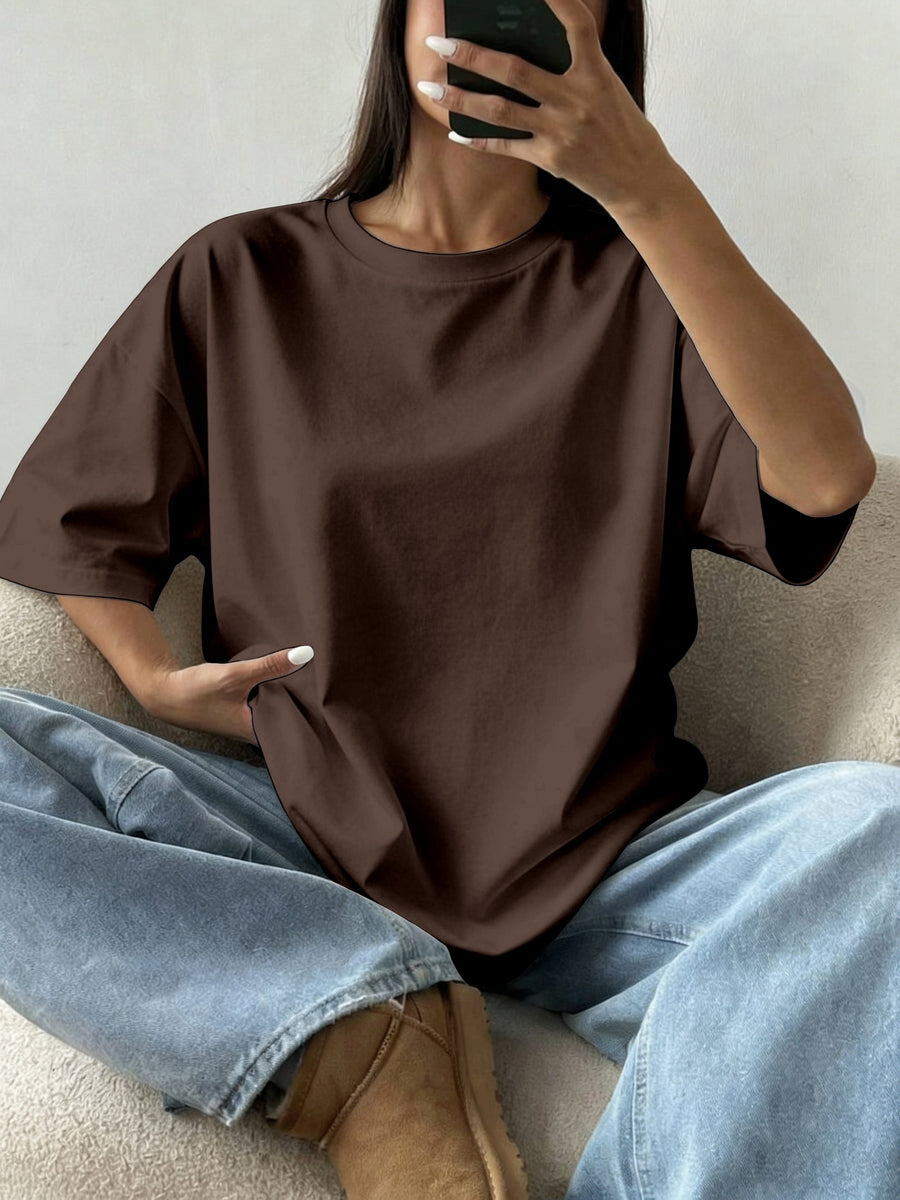 Women's Oversized Round Neck T-Shirt - Lightweight Short Sleeve Blouse Basic Solid Color Top | Spring Summer Casual Loose Fit Pullover, Machine Washable Suitable for Casual Attire, Office, Lounge & Layering - Coffee Color