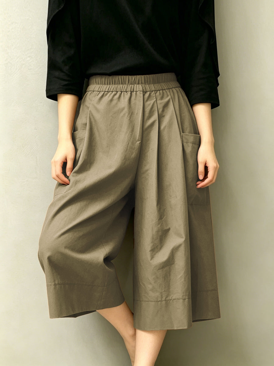 High-Waist Elastic Waist Women'S Capri Wide-Leg Skirt Pants, Side Large Pocket Design, Loose Skirt Silhouette, Breathable Fabric, Summer Casual Wear Choice - Khaki