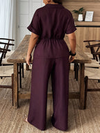 Women'S Elegant Polo Neck Pullover And Solid Color Long Pants, Summer New Arrival, Door-To-Door Access, Waist Tie Solid Top Casual to Formal Two-Piece Set, Machine Washable And Dry Cleanable - Burgundy