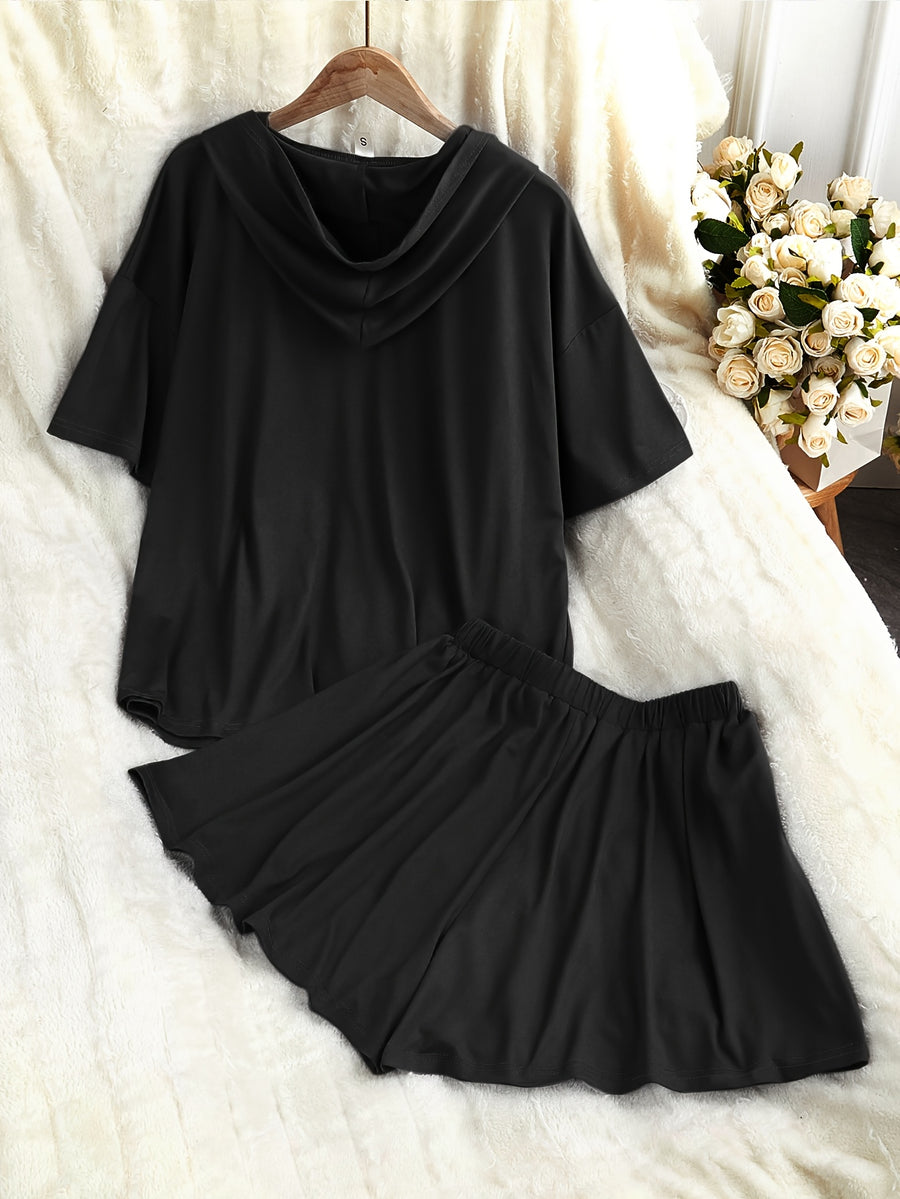 Plus Size Fashion Temperament Casual Solid Color Hooded Sweatshirt Short-Sleeved Top Drawstring Shorts Skirt Two-Piece Set - Black
