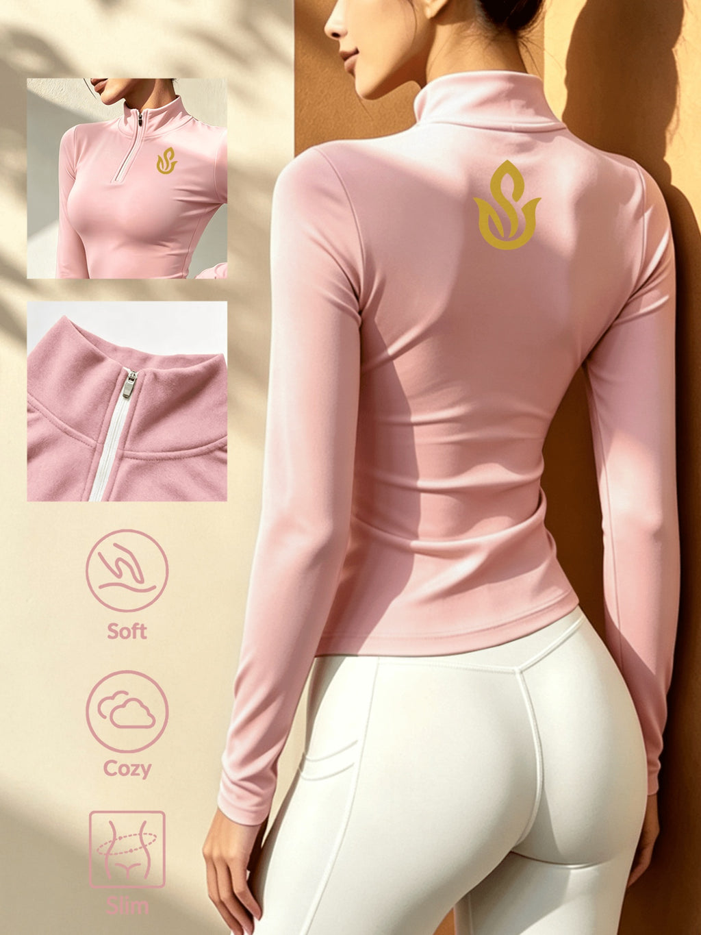 Women's Soft Zip-Up Base Layer Top, Ideal for Cycling,, and Activities During the Cold Autumn and Winter Seasons - pink