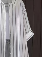 Korean Style Relaxed Black And White Pinstripe Shirt Women'S Mid-Length Top Casual Versatile Blouse - White