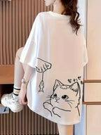 Y2K A Casual Loose Short-Sleeved Women'S T-Shirt Cat Loves to Eat Fish Print T-Shirt Sweet Style Round Neck T-Shirt Women'S Fiber 95%+ 5% - White