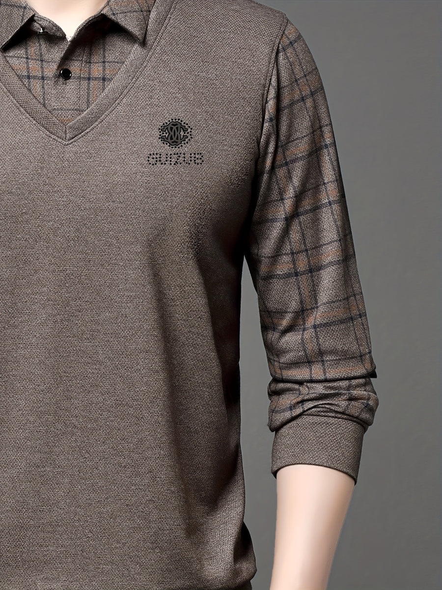Striped Long-Sleeve Men'S Faux Two-Piece Top, Thin Autumn Winter Base Layer T-Shirt - Khaki
