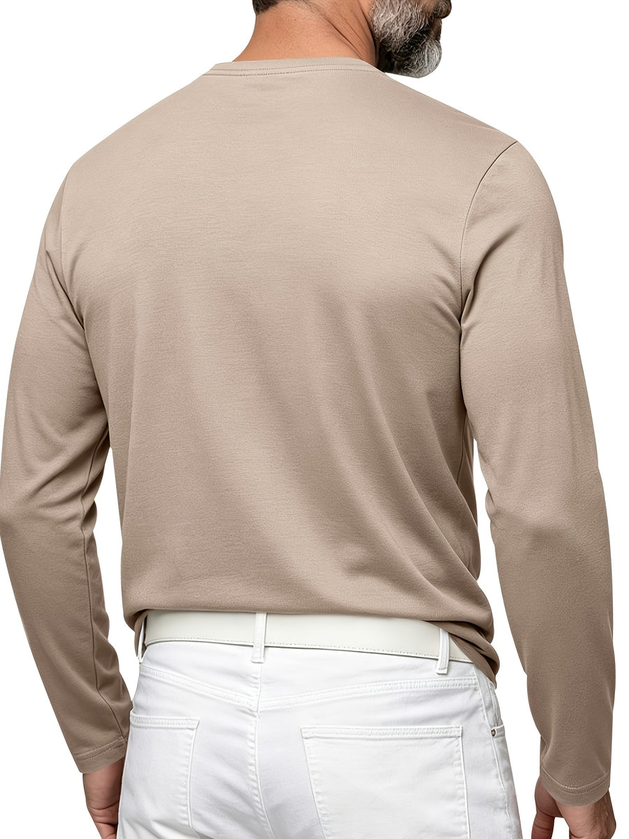 Men's Henley Neck Long Sleeve T-Shirt, Spring/Autumn Three-Button Casual Base Layer, Slim Fit Versatile Top with Left Chest Pocket - Khaki