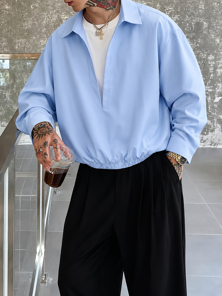 2-in-1 Look Double-Layer Long Sleeve Shirt, Color-Block Patchwork Casual Loose Fit Men's Top T-Shirt, Men's Shirt, Versatile V-Neck Lapel Pullover for Spring and Autumn, New Season - Sky Blue