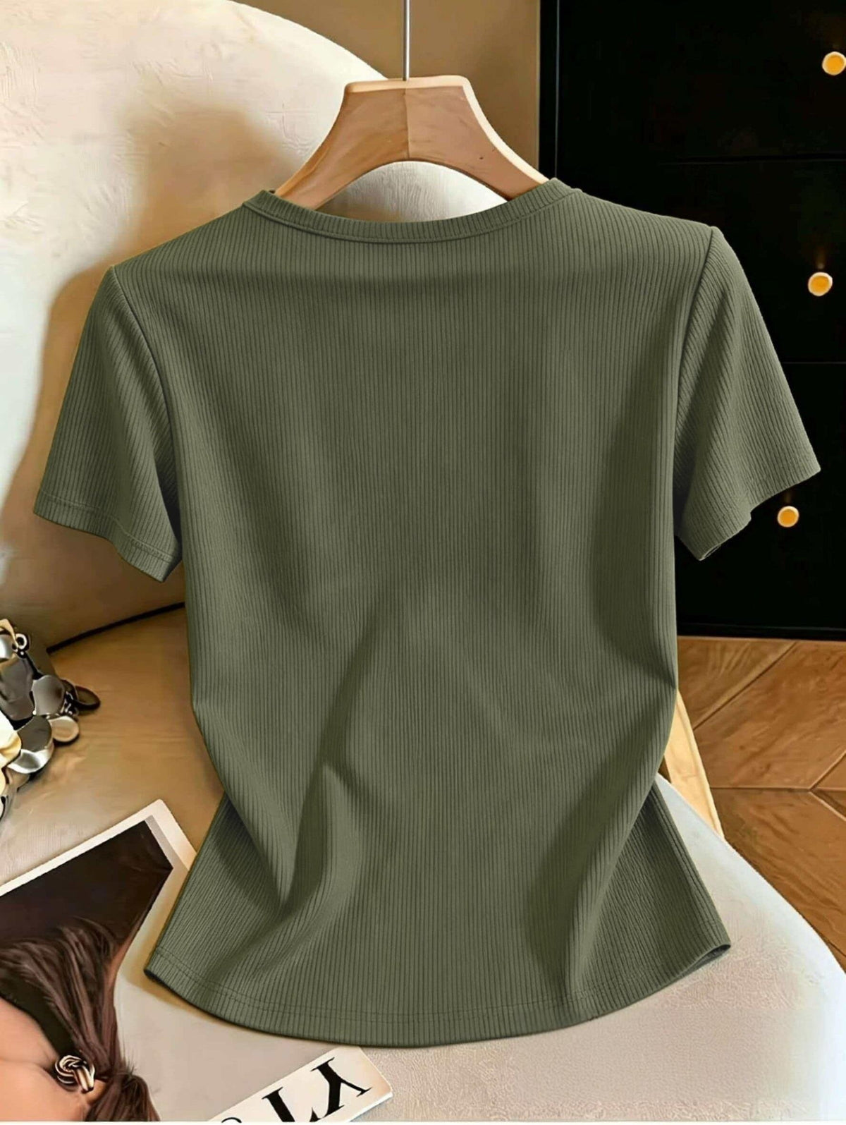 Women'S Summer Sexy Fitted Round Neck Metallic Embellished Hollow-Out Elegant Vacation Travel Short Sleeve T-Shirt - Green