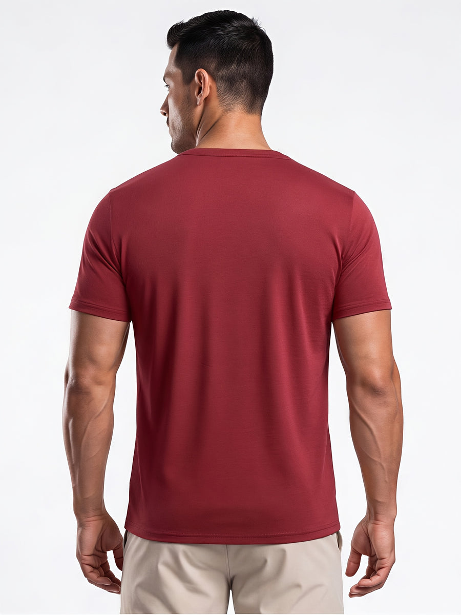 Men's Minimalist Sporty V-Neck Quick-Dry T-Shirt, Lightweight Breathable Moisture-Wicking Polyester Fiber Short-Sleeve Top, Solid Color Slim-Fit Casual Fitness Shirt, Suitable for Fitness, Running, Outdoor, Light Outdoor, and Urban Commuting - Burgundy