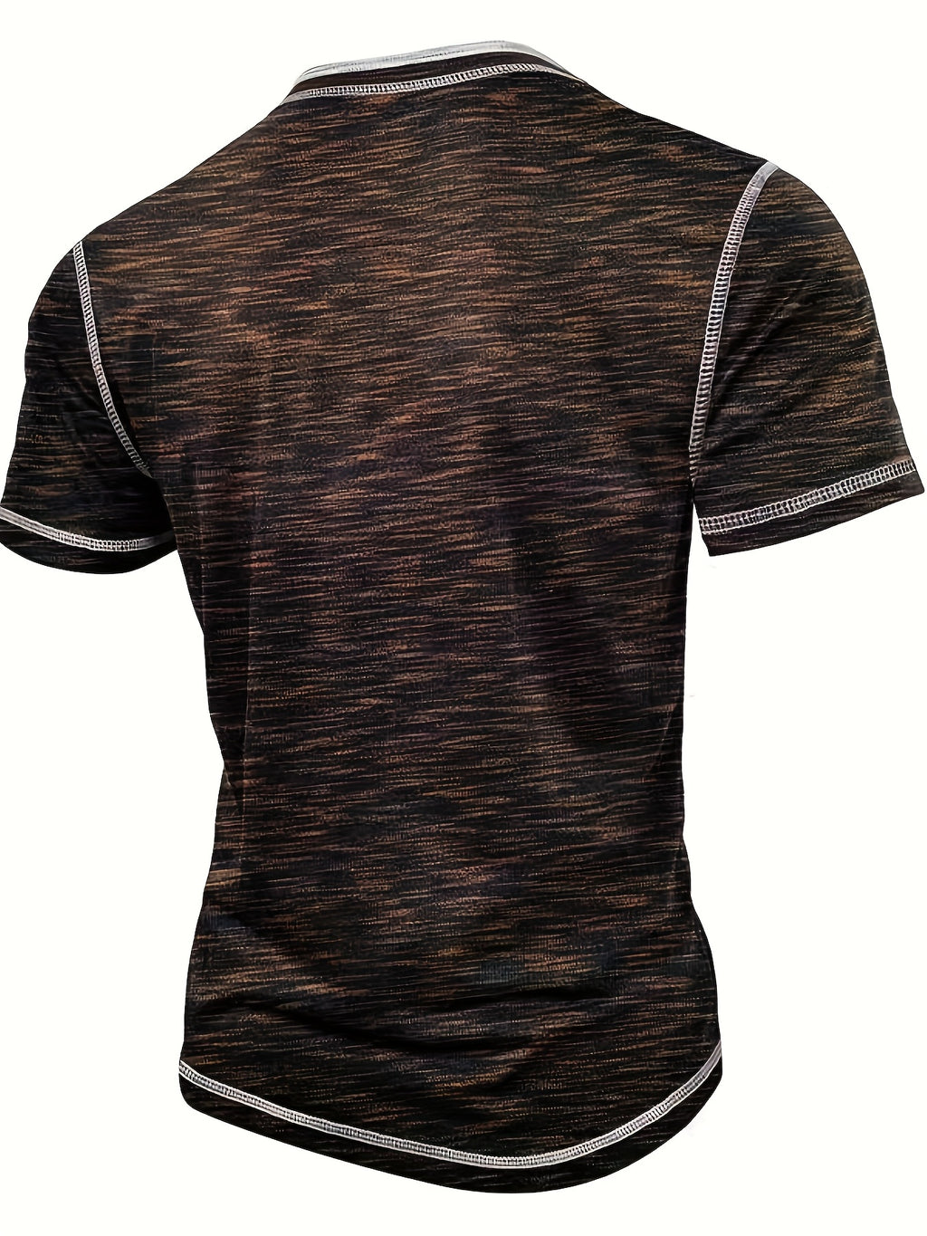 Men'S Summer Henley Shirt - Casual Short Sleeve, Button-Up, Gray & White Striped, Round Neck, Lightweight Polyester Blend, Perfect for Casual Attire, Casual Summer Wear | Striped Henley Shirt | Polyester Blend Shirt - Coffee Brown