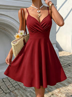Women's Summer Elegant Spaghetti Strap Criss-Cross Neckline Asymmetrical Hem Dress - Red
