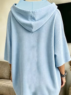 Women's Elegant Casual Solid Color Loose Fit Hooded Fashion Waffle Sweatshirt Top - Sky Blue