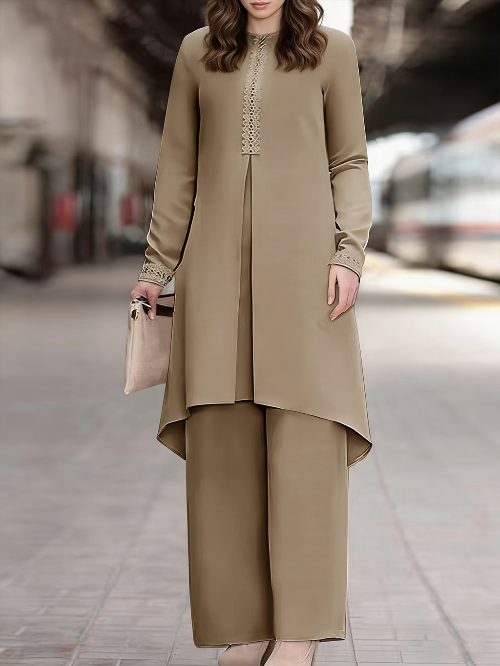 Ramadan Elegant Ladies Set Abaya Dress And Pants Solid Color Round Neck Embroidered Chest And Sleeve Applique Top Elastic Waist Long Pants Commute Casual Two-Piece Set - Khaki