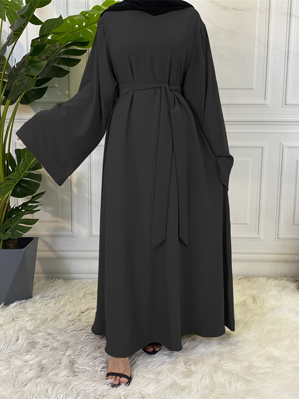 1pc Fashionable, Elegant, Comfortable, and Casual Wide-sleeved Abaya with Belt. Solid Color Suitable for Daily Wear. Loose and Comfortable Women's Abaya Dress. Ferace Tesettür Clothing, Women's Abayas for Muslim Women, Islamic Wear for Women - Black