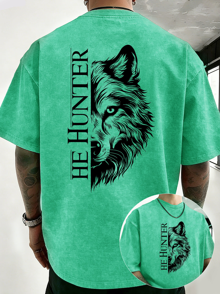 Vintage Washed Loose Double-Faced Print T-Shirt with Letter Pattern, Unisex Classic Basic Style, Soft And Durable Short Sleeve, Suitable for Students And Office Workers - Green