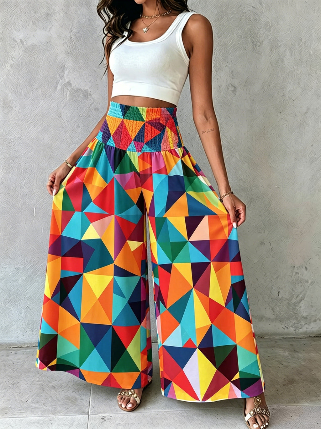 Women'S Floral Print Wide-Leg Pants High-Waist Ruched Waist Bohemian Style Long Trousers Flowy Vacation Pants - Mixed Color 1