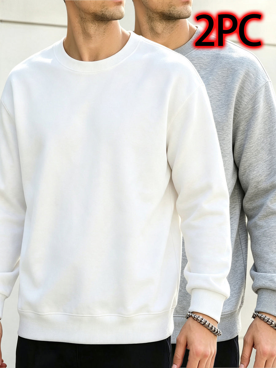 2pcs Men'S Spring Autumn Fashion Round Neck Sweatshirts - Knit Long Sleeve, Blend with Slight Stretch, Ideal for Studio And Outdoor Casual Running, True Color Pullover, Perfect Gift - White+gray