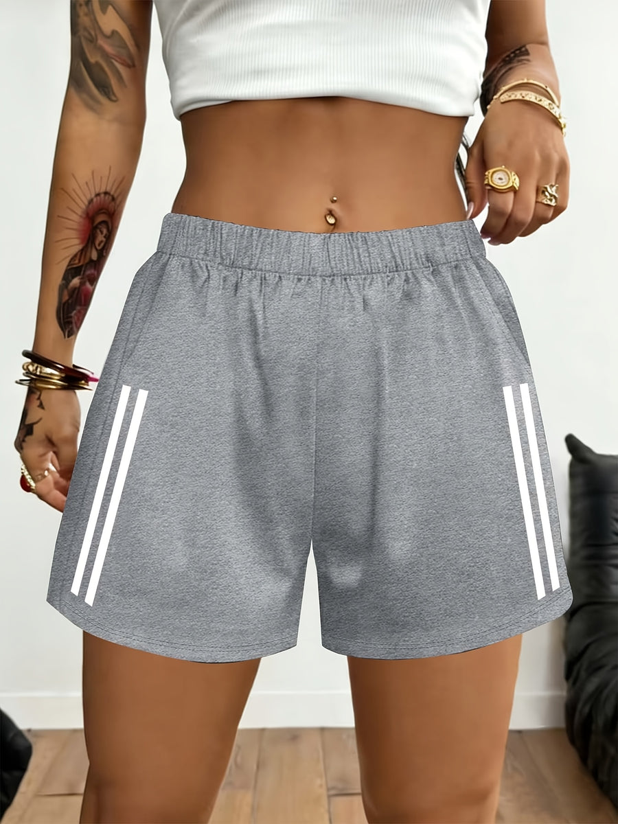 2026 Spring/Summer New Women'S Bottoms Minimalist Fashion White Striped Print Light Daily Home Leisure Comfortable Elastic Waist Shorts with Pockets on Both Sides - Light Grey