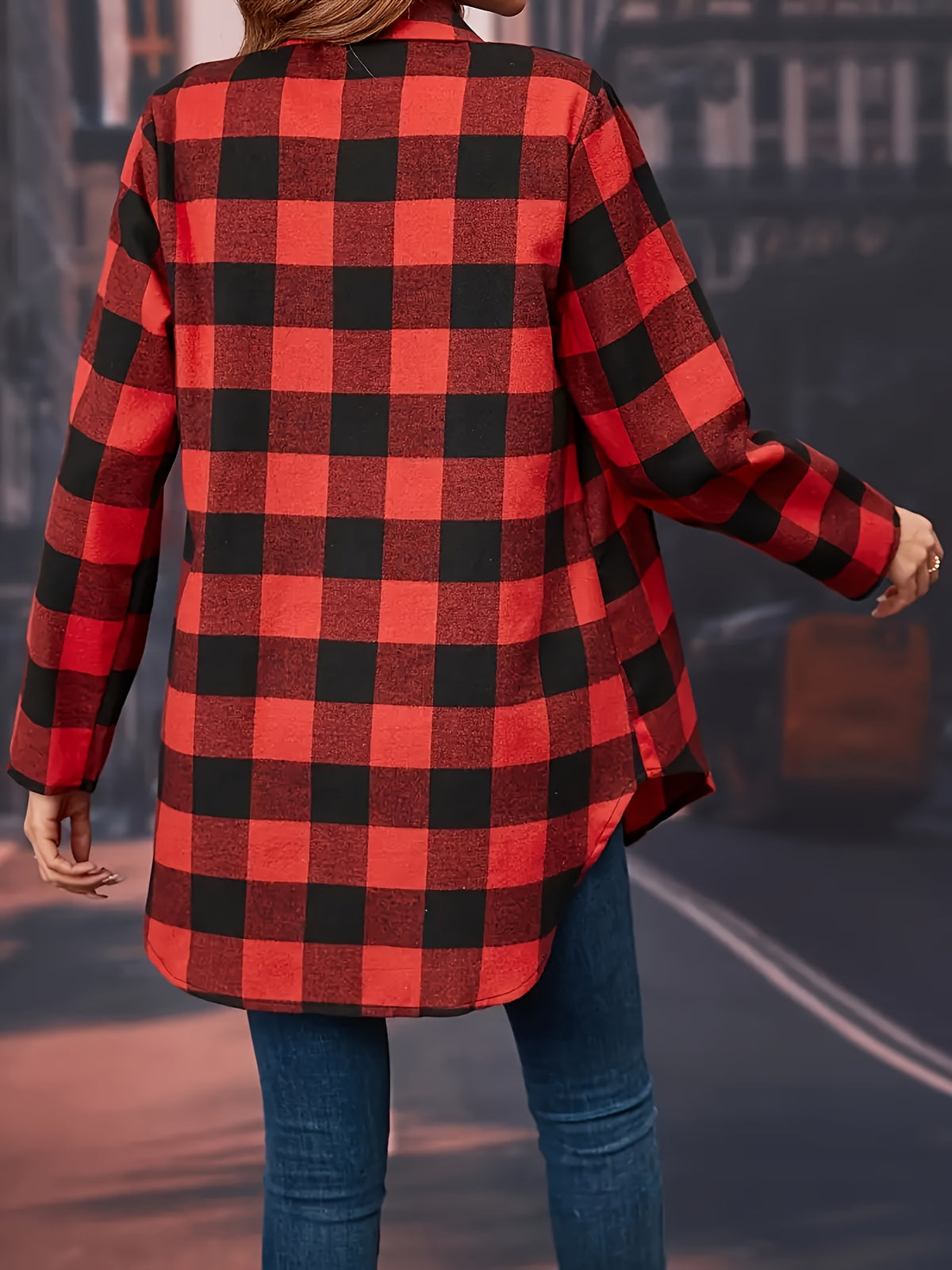A Loose-Fitting Long-Sleeve Shirt for Women with Red Checkered Patterns And Front Buttons, Perfect for Casual Wear - Red