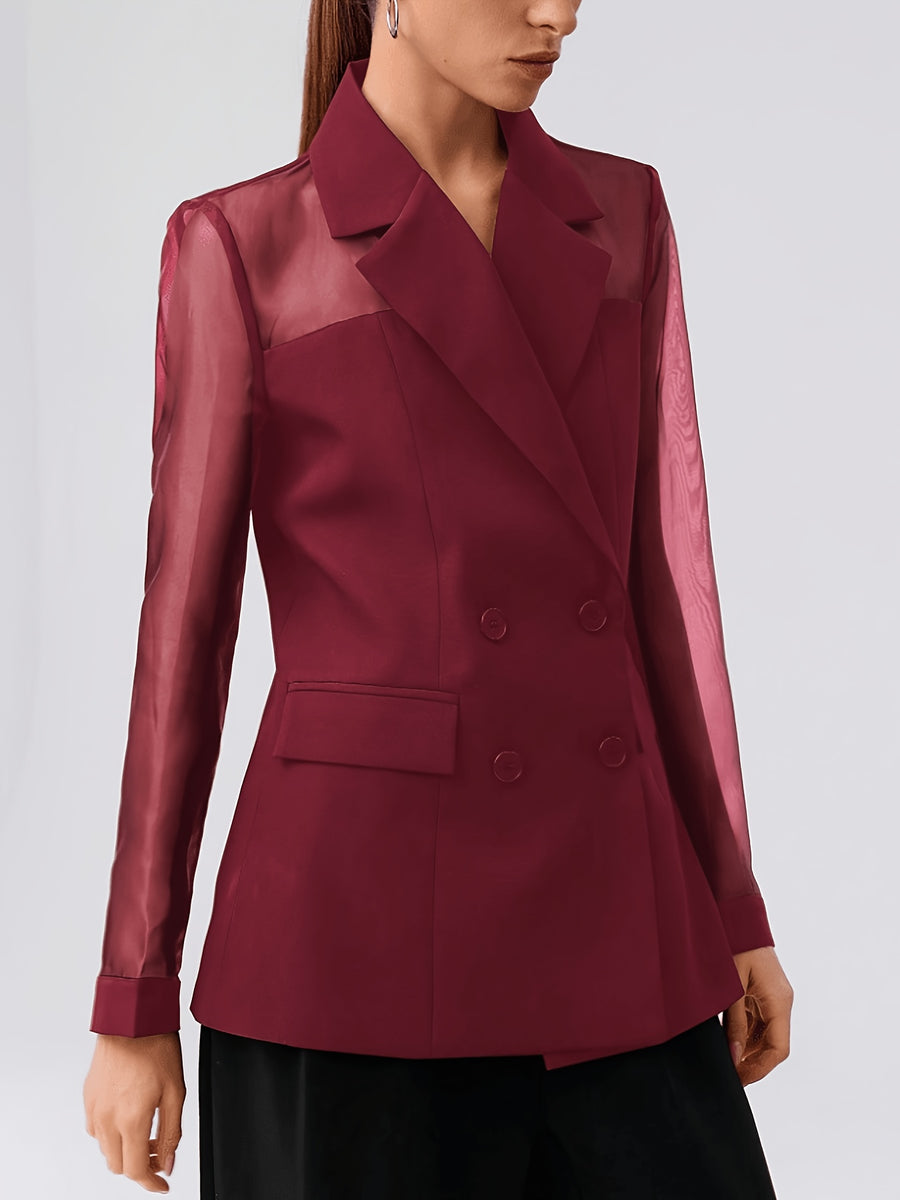 Fashionable Women's Elegant Blazer, Stylish High-End Mesh Patchwork Double-Breasted New Casual Suit Jacket - Burgundy