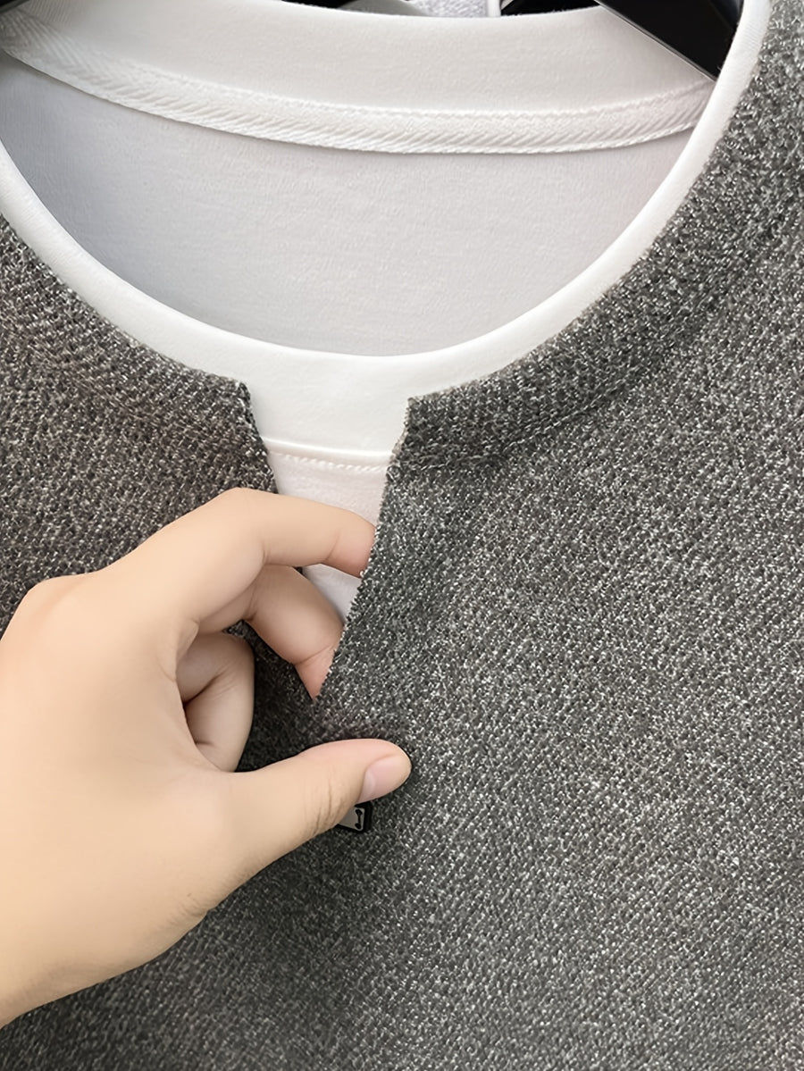 Men's 2-in-1 Look V-Neck Sweatshirt, Loose Drop Shoulder, Casual Pullover Long Sleeve, Suitable for Daily Commuting and Leisure. -SINBOS - Coffee Color